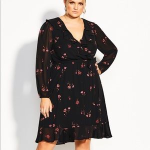 City Chic Delicate Petal Black Long Sleeve Wrap Dress Ruffle Size 16 (S) Floral